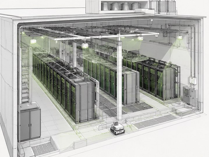 AI data center hall with autonomous robots, isometric sketch
