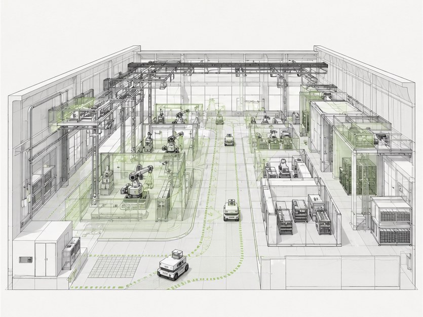 Lights-out manufacturing floor with mobile robots, isometric sketch